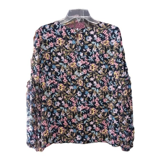 CeCe long balloon sleeve black floral blouse size L  B14 - Picture 2 of 9